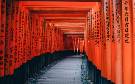 gray pathway between red and black wooden pillar